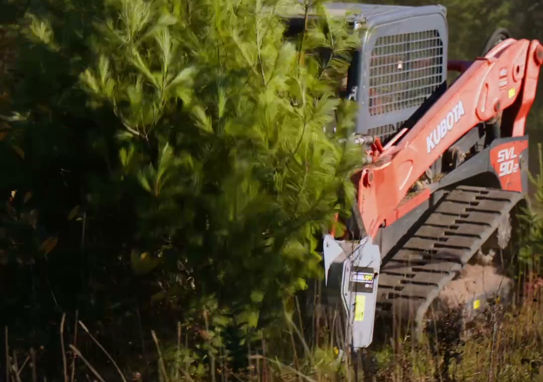 Forestry mulcher grinding through young pine and brush on hunting land